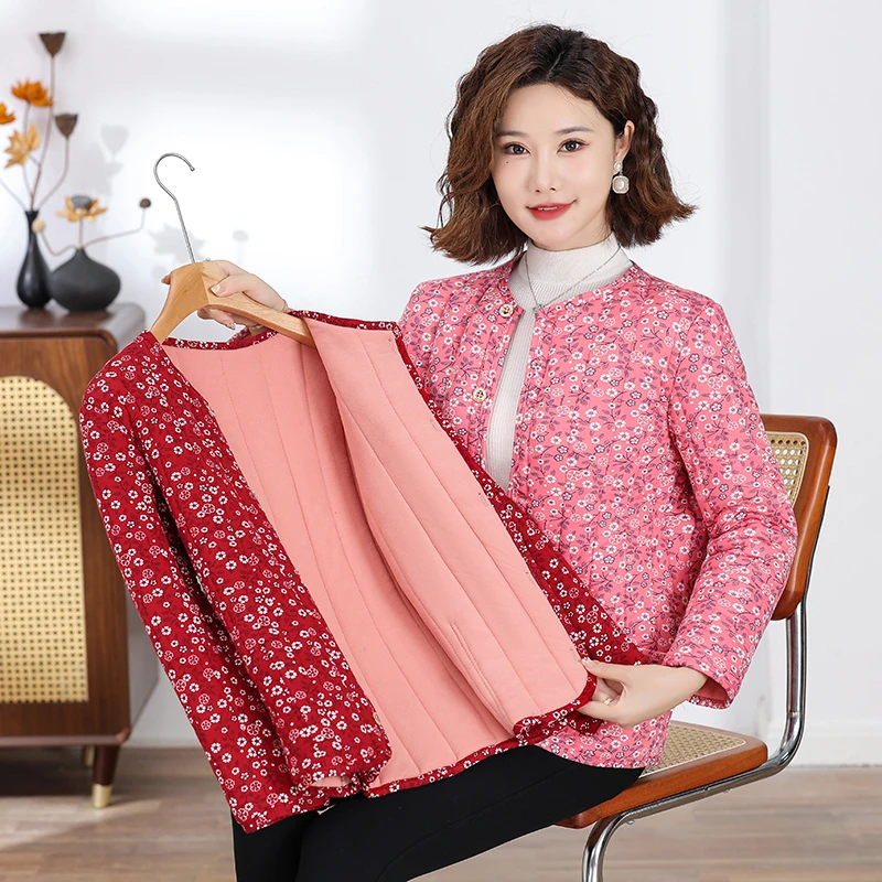 冬季新款中老年圆领棉衣外套保暖内搭外穿奶奶碎花棉服