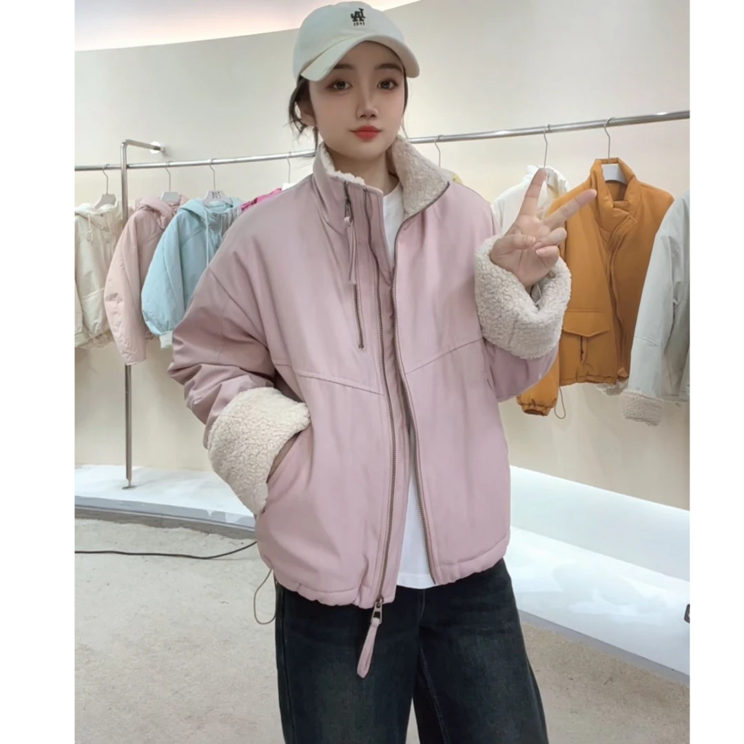 FY02羔羔毛立领双拉链短款加厚翻边加棉加厚棉服