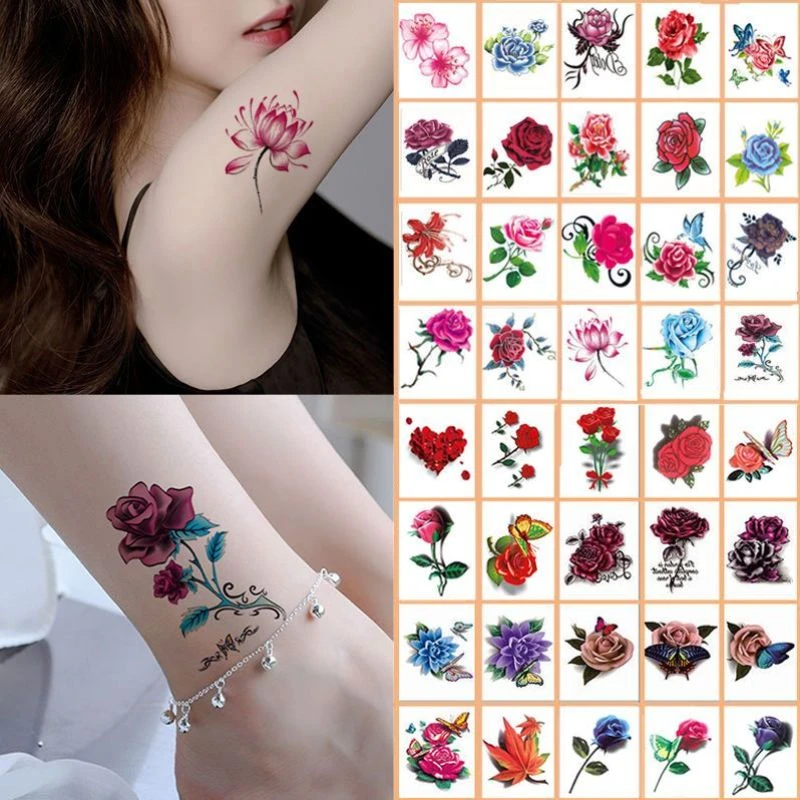 【50张套装】纹身贴纸女款彩色玫瑰花朵蝴蝶遮疤痕创意贴纸彩绘111