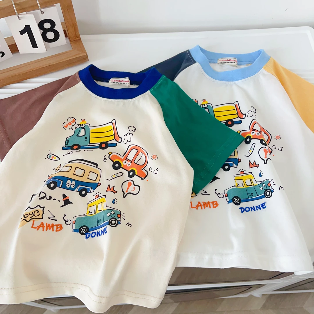 儿童上衣童装洋气宝宝夏季印花卡通纯棉打底短袖宽松小童圆领撞色