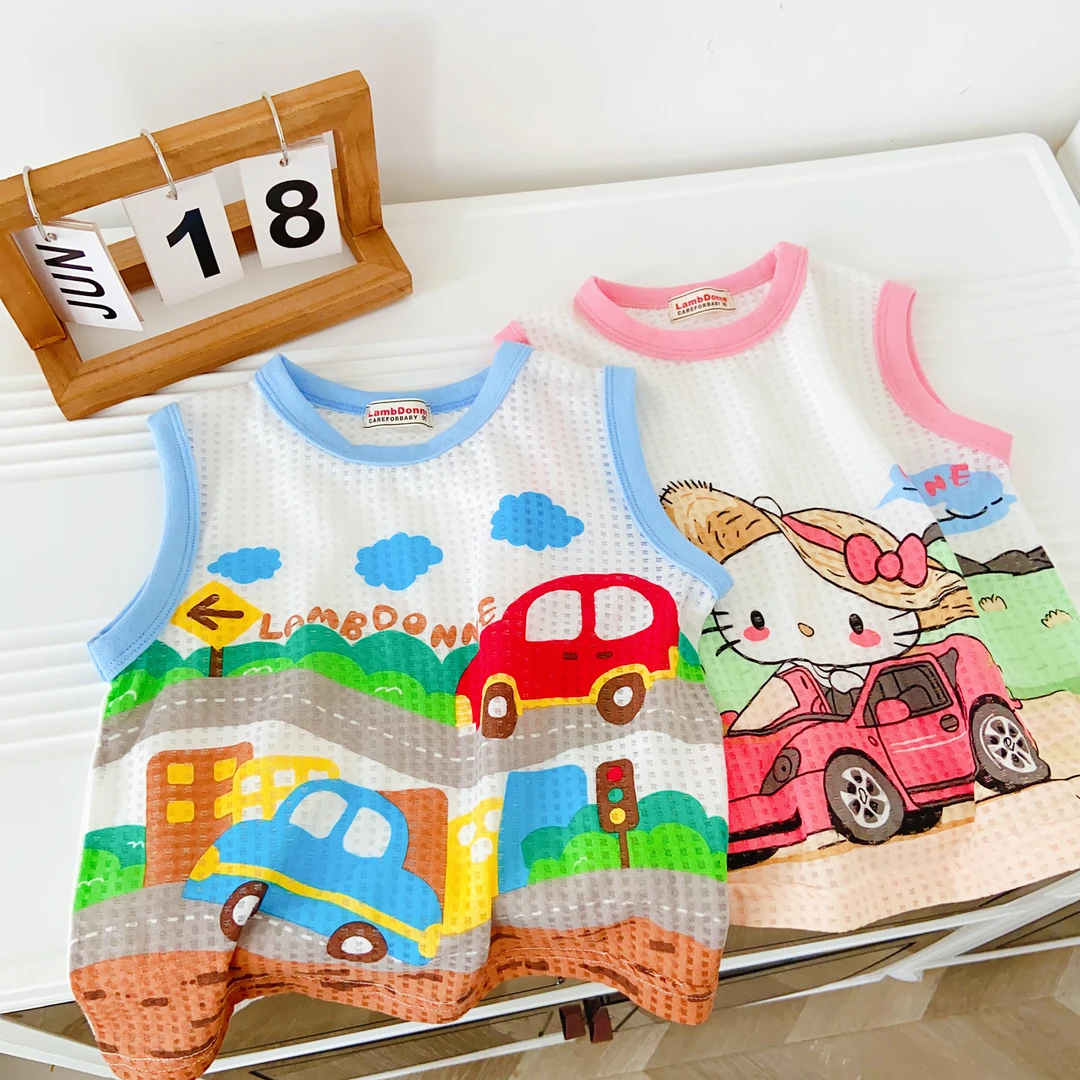 儿童节上衣童装婴儿针织纯棉薄款无袖洋气透气外穿小童卡通网眼