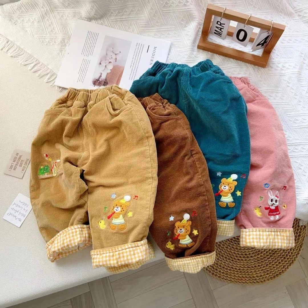 中小童长裤22年冬miki儿童裤子刺绣婴儿加厚长裤男宝条绒休闲裤