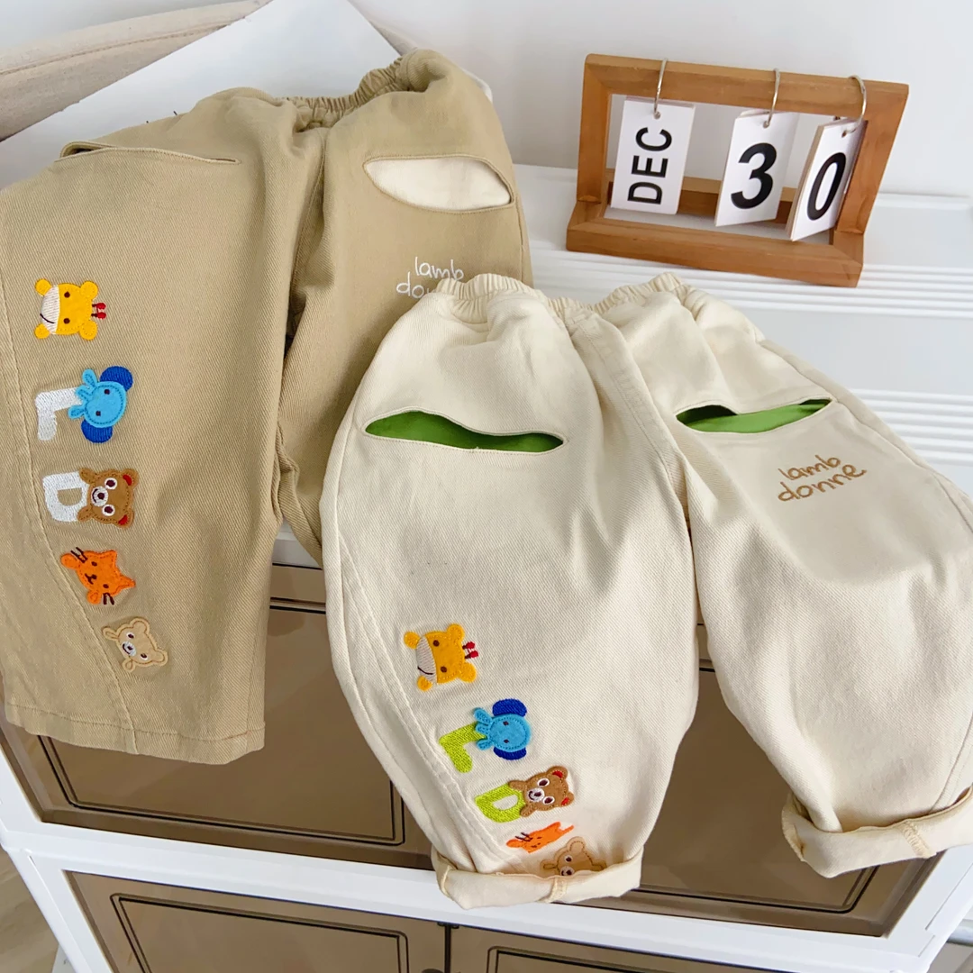 宝宝绒裤子春秋外穿宽松加厚ol儿童口袋字母休闲裤卡通