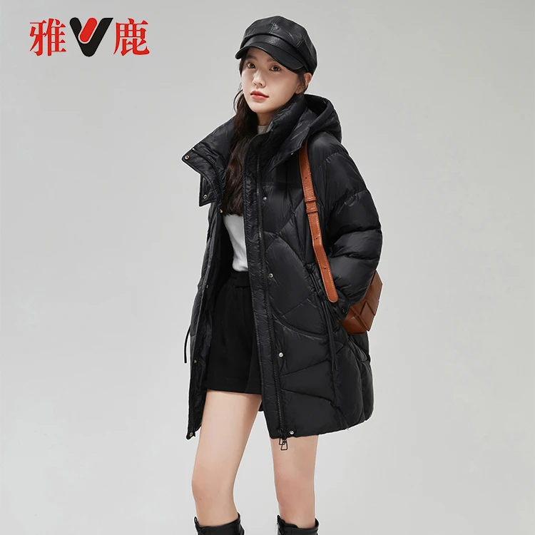 雅鹿品牌正品羽绒服女中长款百搭新款白鸭绒保暖国风外套冬季连帽