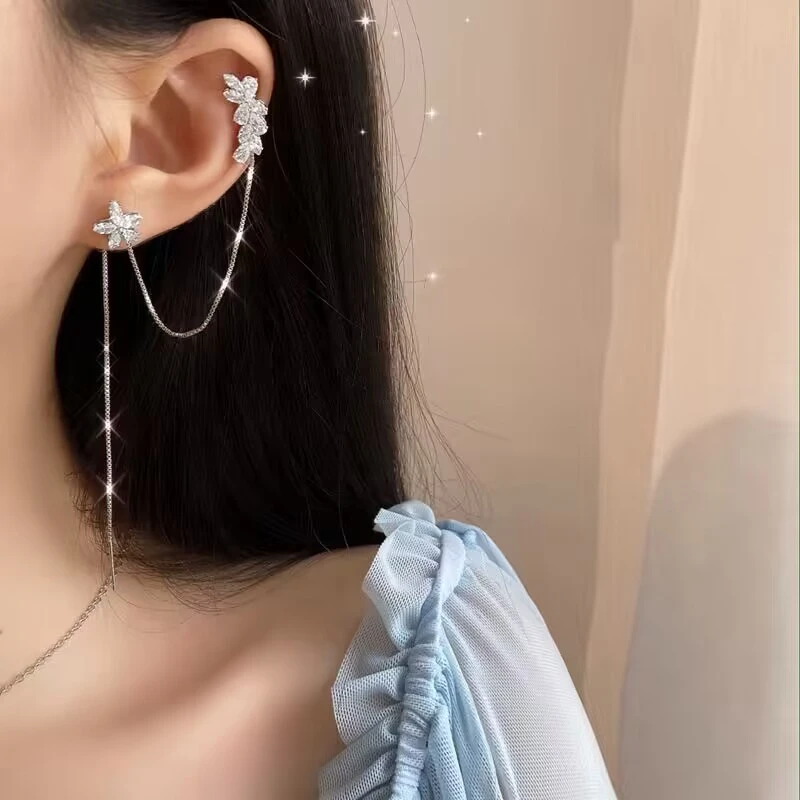 合金耳饰 超仙长流苏耳夹耳环一体式小花仙女时尚个性百搭森系