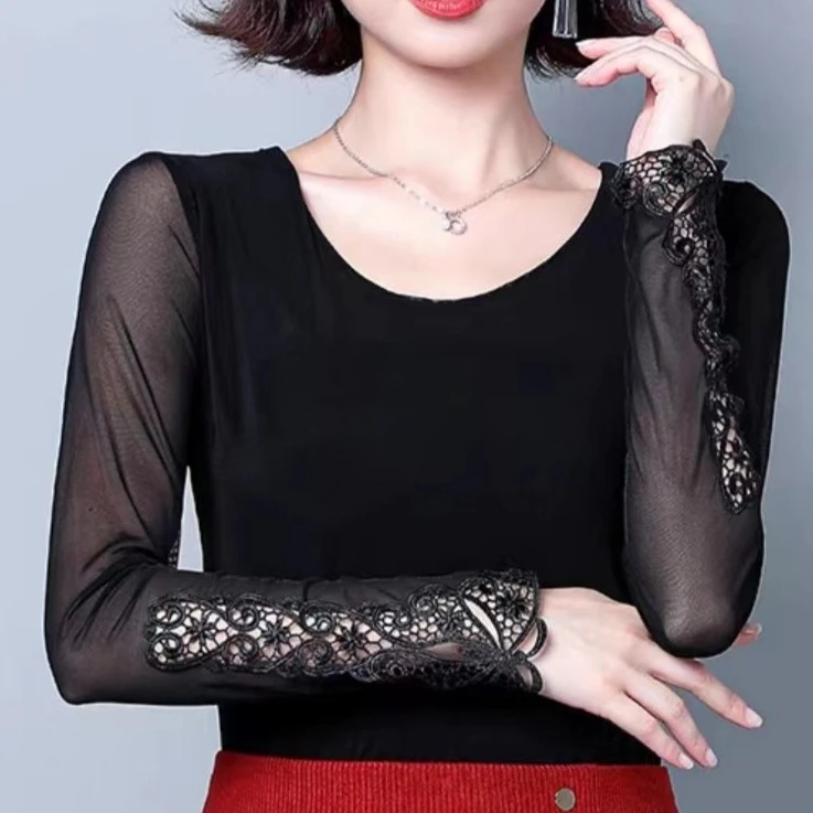 清静语qjy23668黑色网纱蕾丝打底衫春秋时尚秋冬百搭