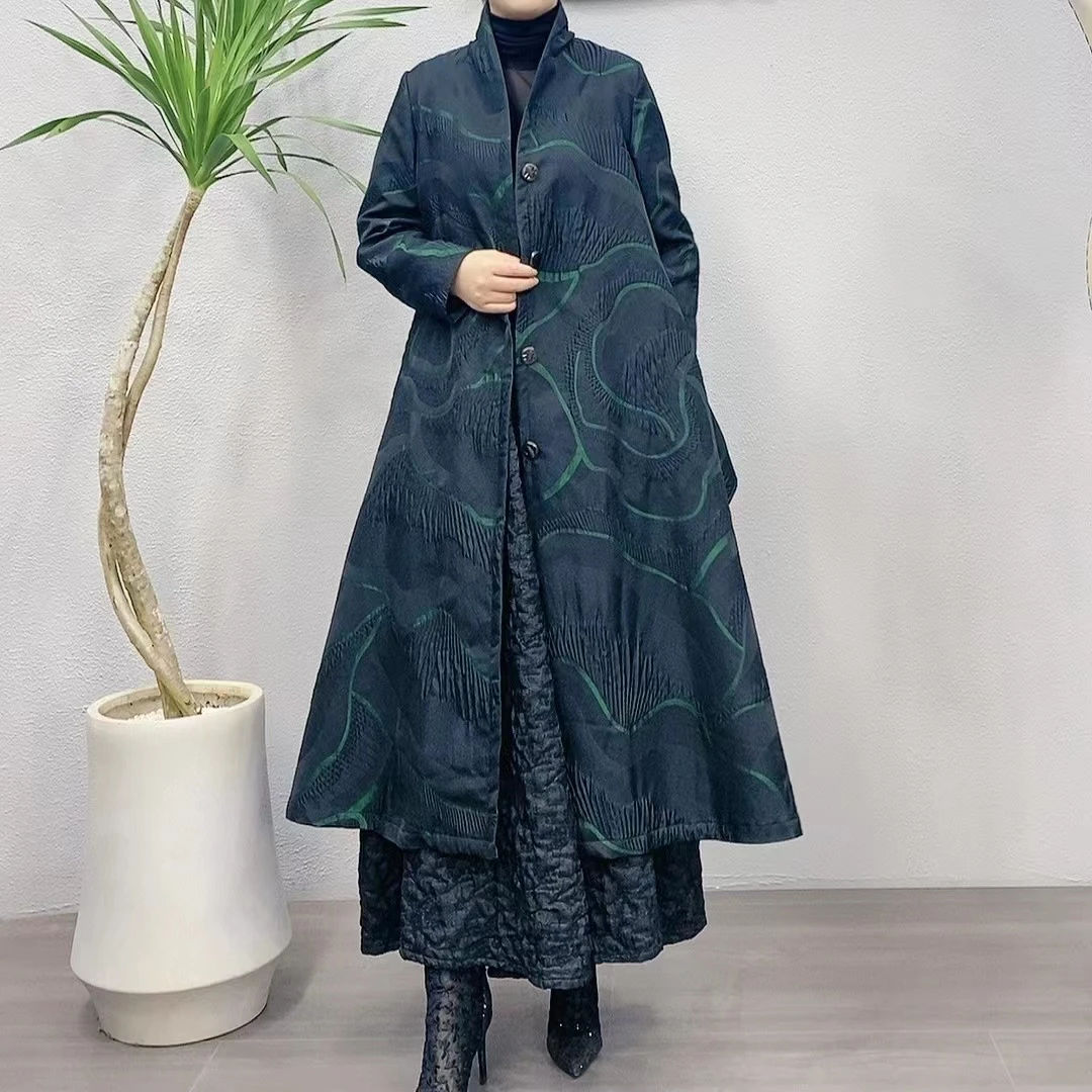 清静语qjy221713黑绿色新中式百搭休闲风衣外披