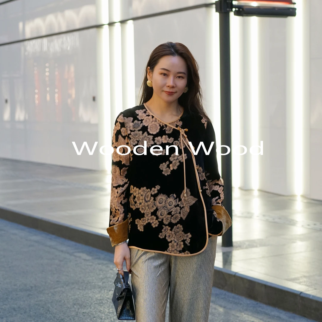 "雨墨清荷”新中式国风复古提花拼色丝绒上衣W24CS417