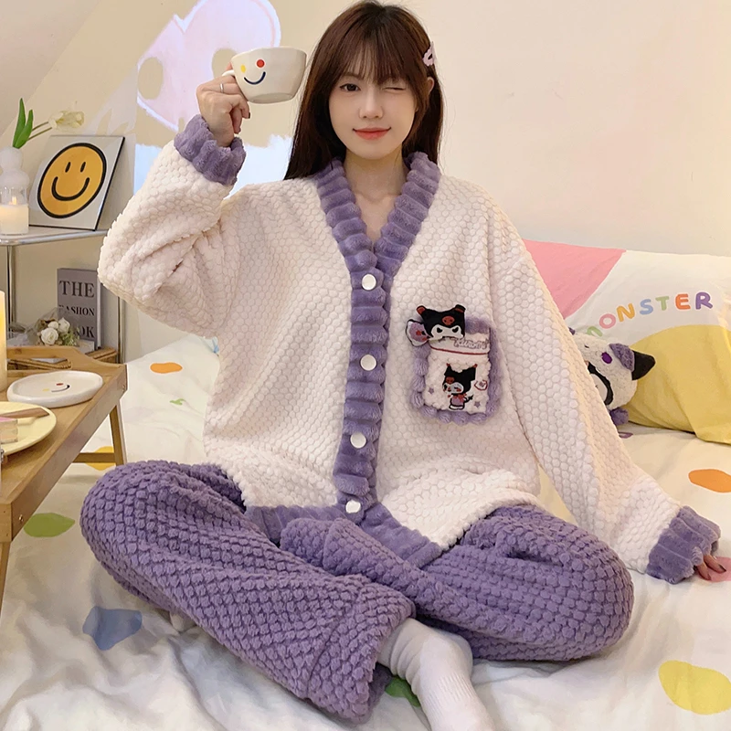 珊瑚绒睡衣女款秋冬季2024新款加绒加厚粉色可爱玫瑰绒家居服套装