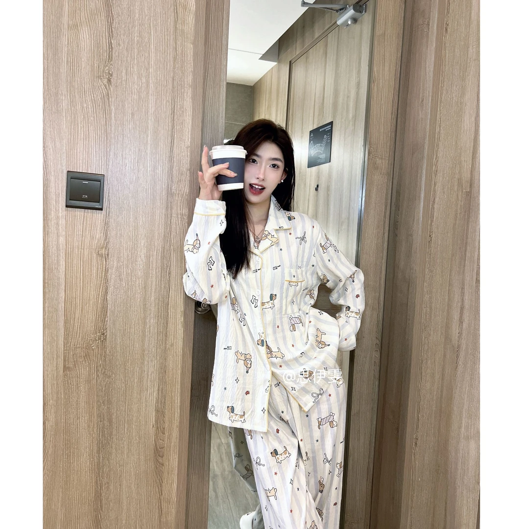 云朵棉纱布睡衣女款春秋季长袖长裤ins日系甜美可爱可外穿家居服