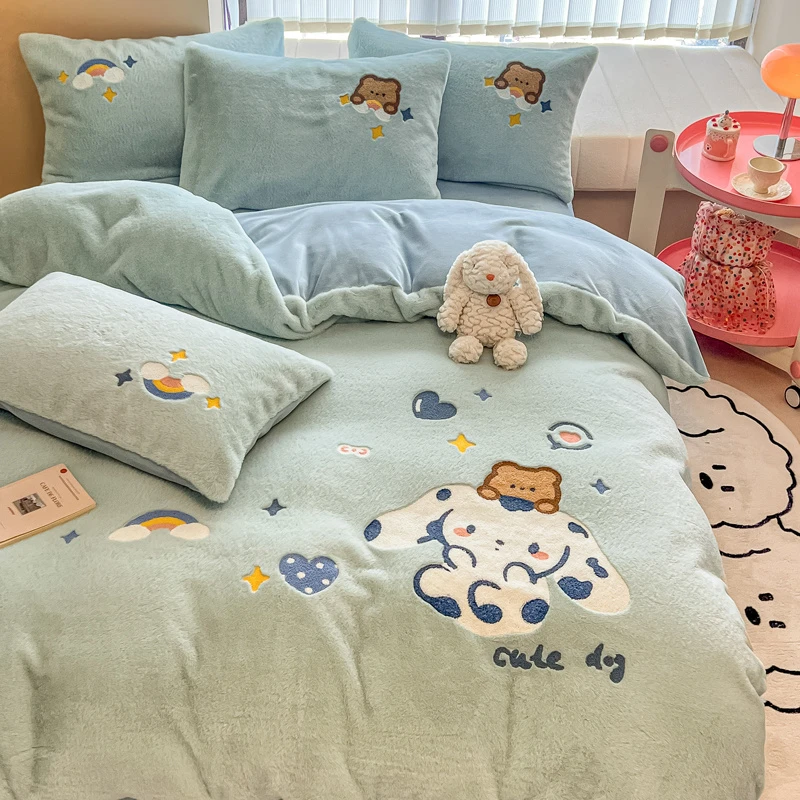 菀贝 邦妮狗 兔毛绒牛奶绒套件 小清新卡通风绒毛加厚四件套