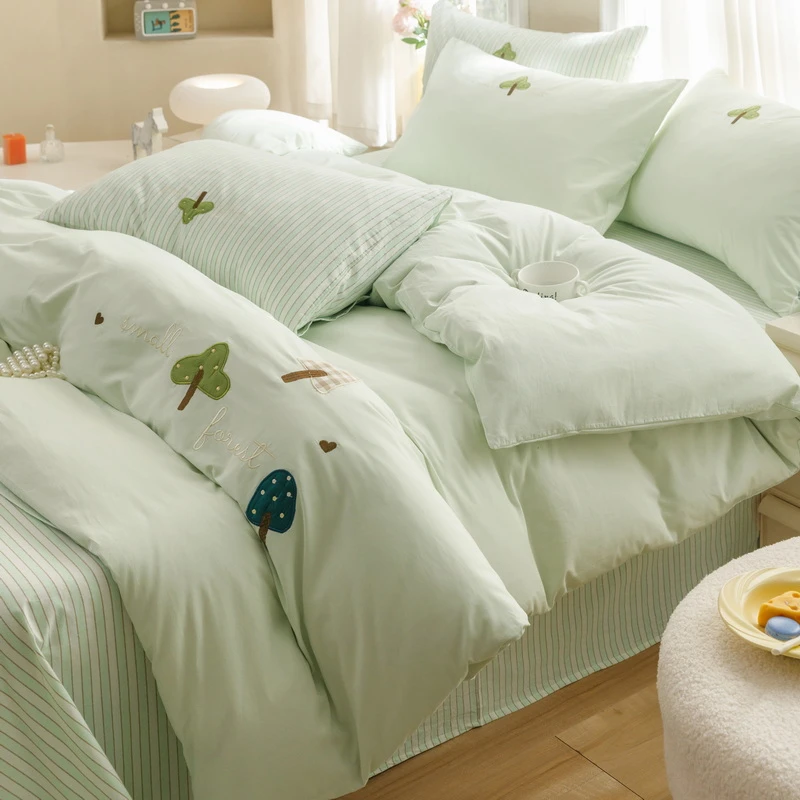 菀贝 眷恋 全棉水洗棉色织刺绣 简约小清新三件套四件套