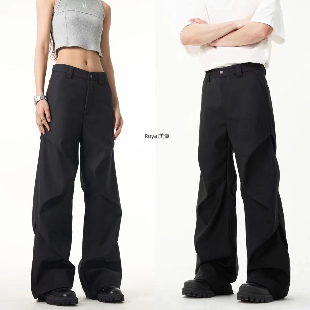 新款美式男女小众褶皱拖地微喇休闲裤高级感宽松直筒垂感黑色西裤