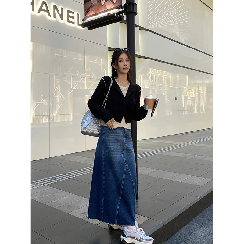 EKOOL衣库~跨夜极星~高腰开叉牛仔半身裙女春秋新款a字裙包臀长裙