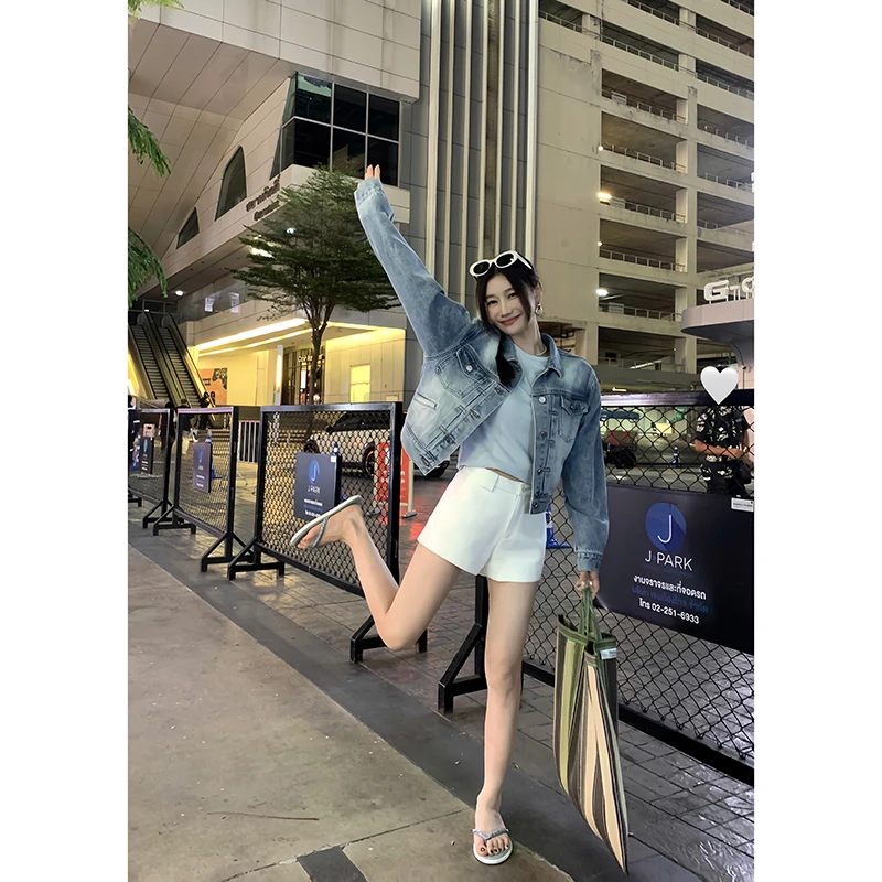 EKOOL牛仔乌托邦~春季新款水洗做旧牛仔外套女小个子短款夹克上衣