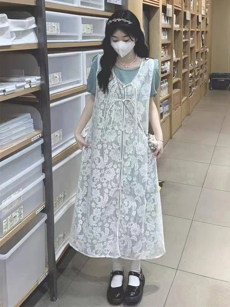 大码孕妇新中式国风两件套连衣裙女夏蕾丝镂空气质甜美仙女裙2113