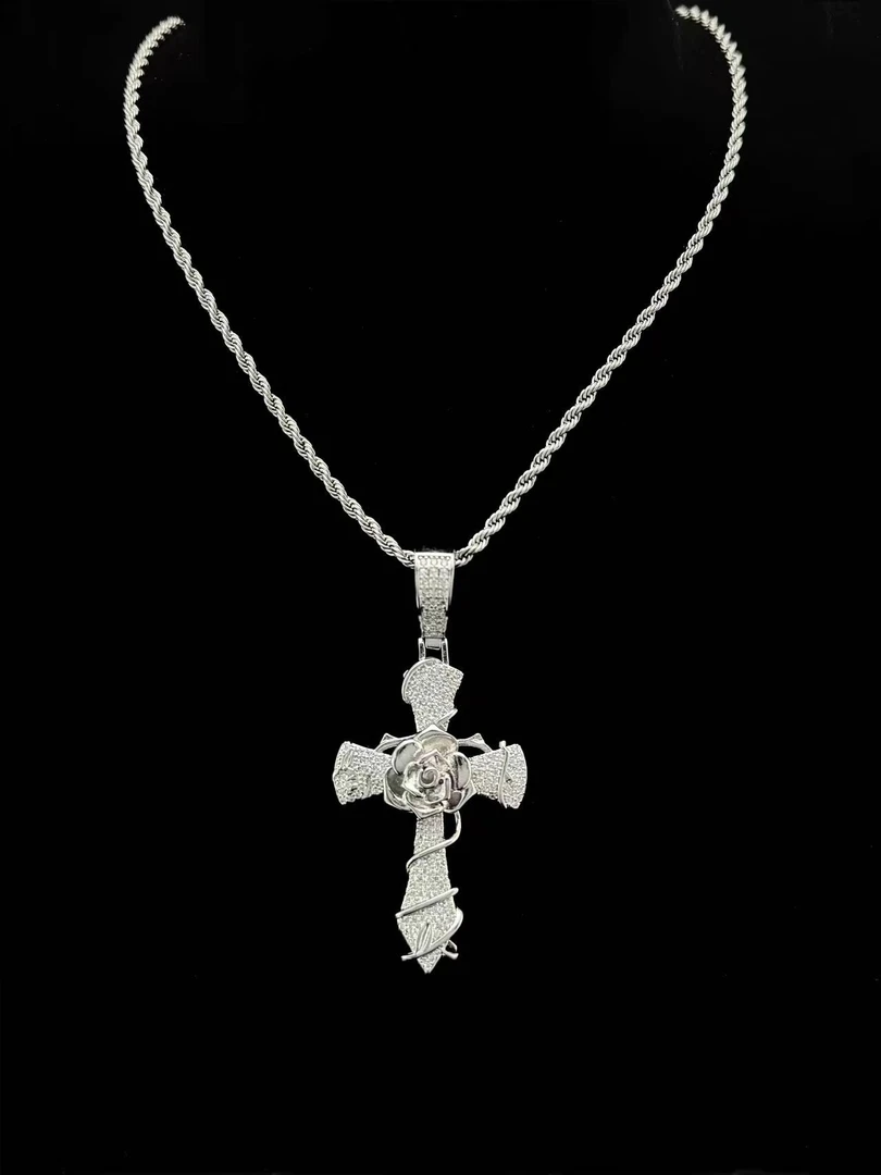 合金项链 【银色玫瑰十字项链】国潮风发字嘻哈潮人街头网红