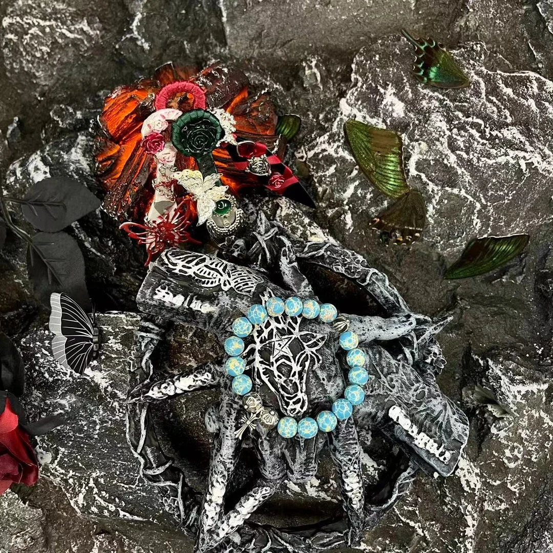 合金手链 【kk地球蓝色十字手珠】国潮风发字嘻哈潮人街头网红