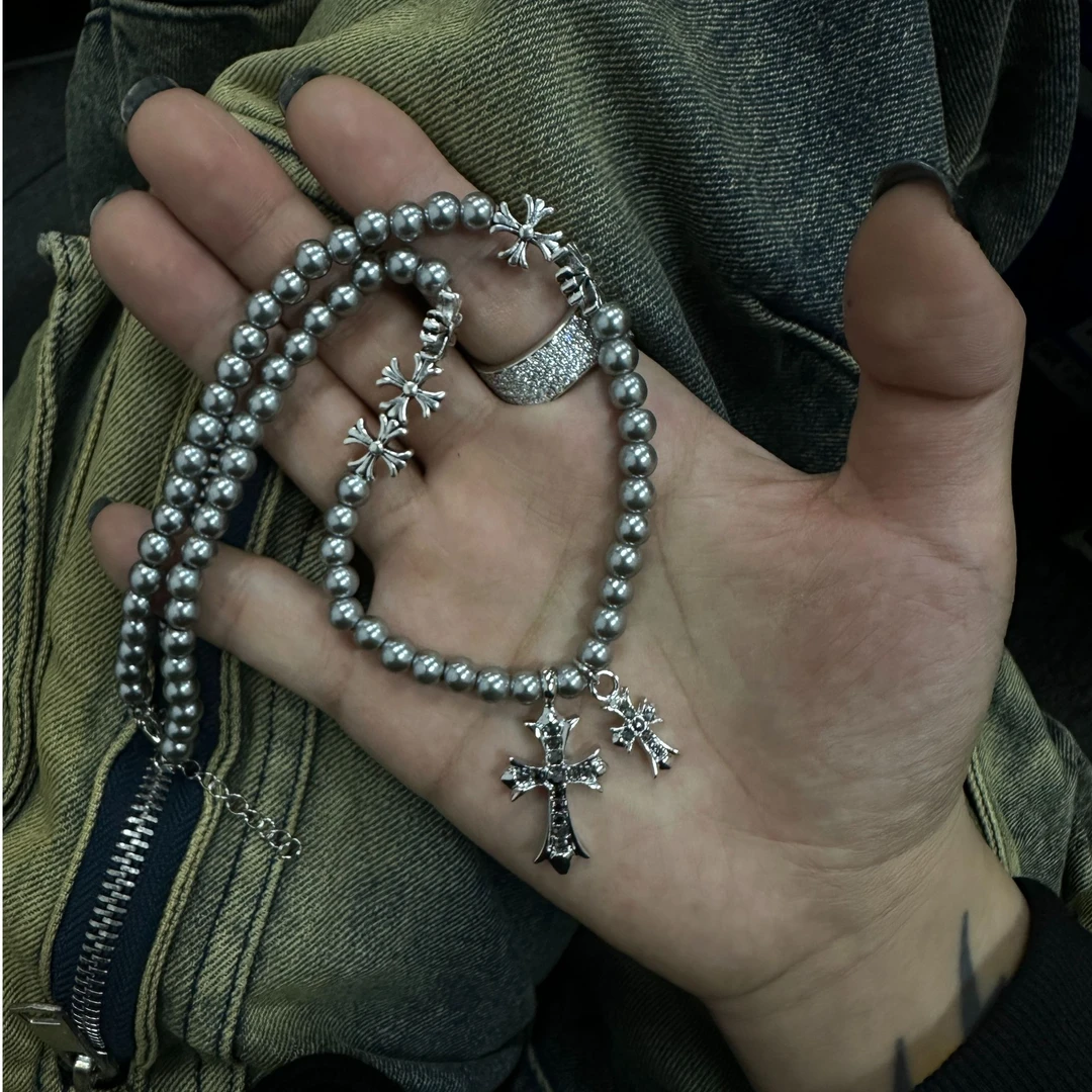 合金项链 【灰色珠珠黑锆十字项链】国潮风发字嘻哈潮人街头网红