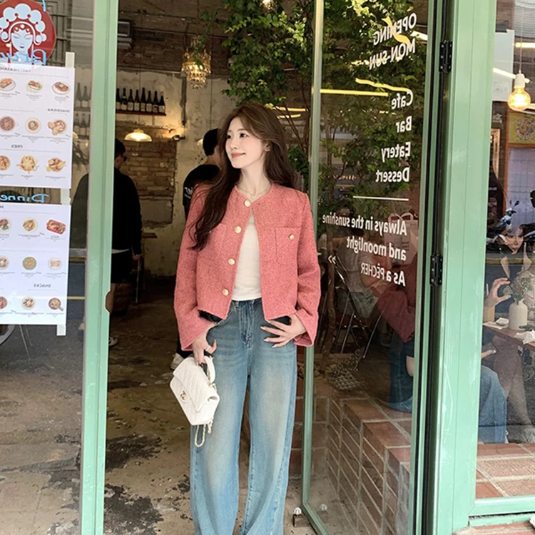 圆领长袖玫粉色短外套女装秋季新款设计感小香风长袖上衣花呢外套