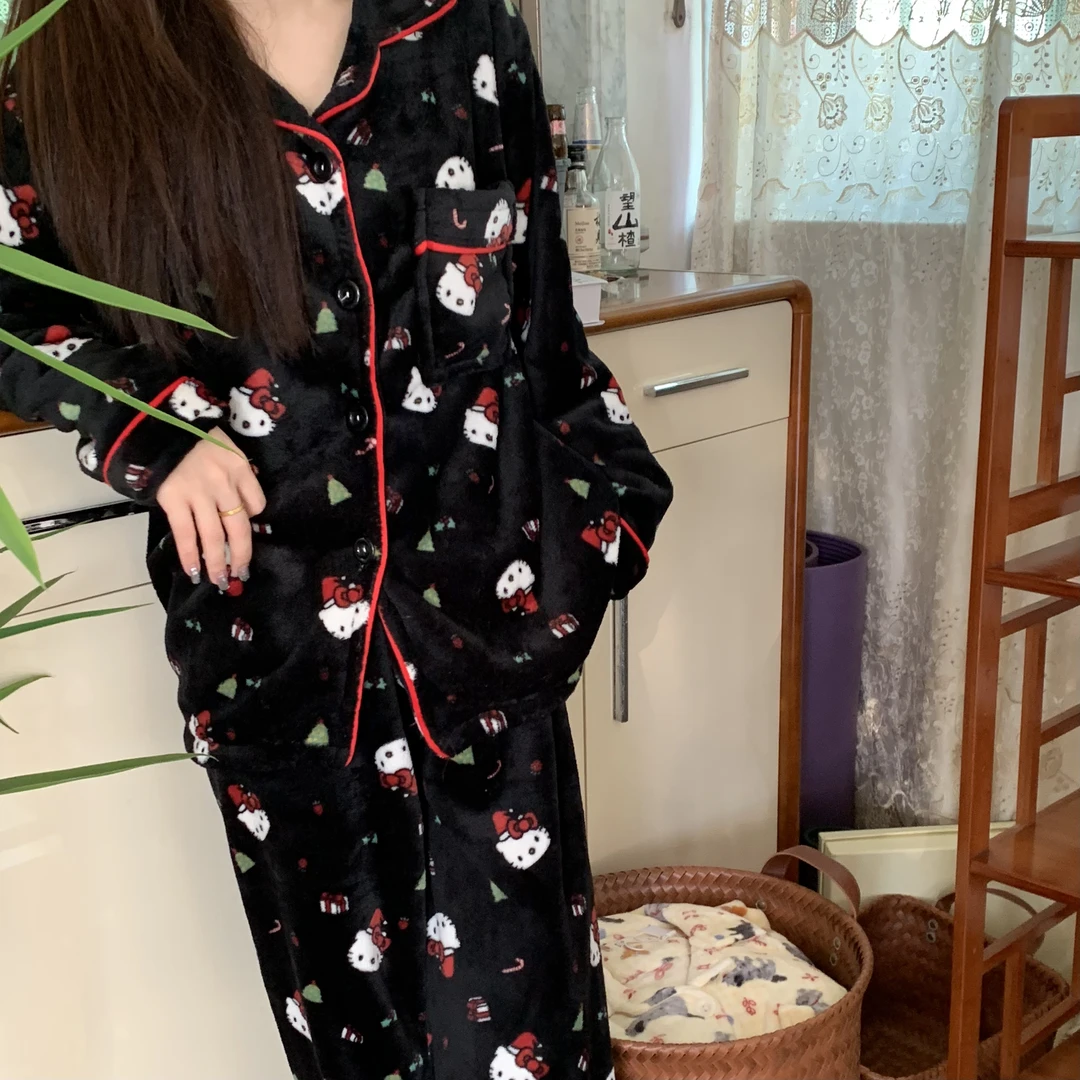 圣诞kitty 冬季睡衣女珊瑚绒加厚加绒秋冬新款少女可外穿家居服