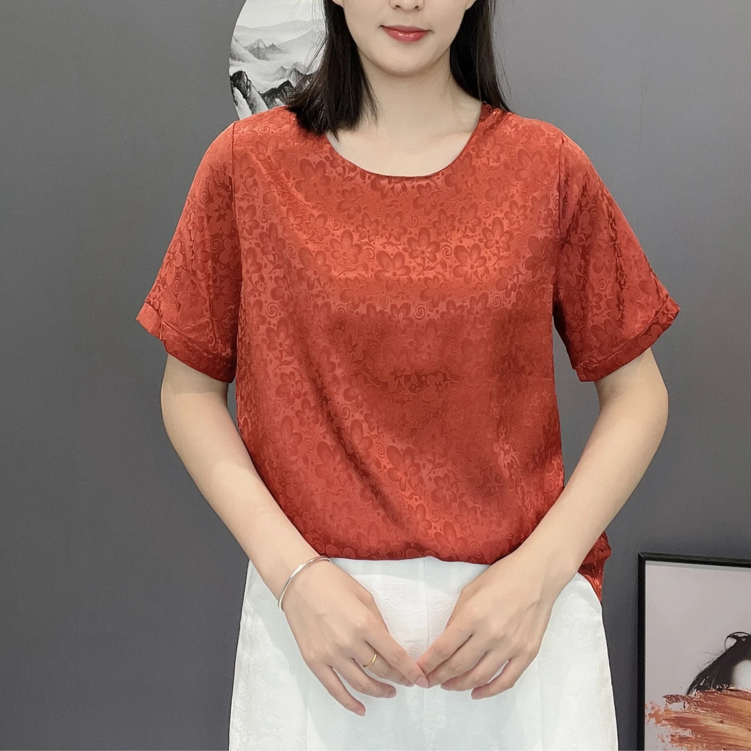 【春岚】2024夏季新款圆领短袖百搭显瘦女装中老年宽松大码上衣小衫