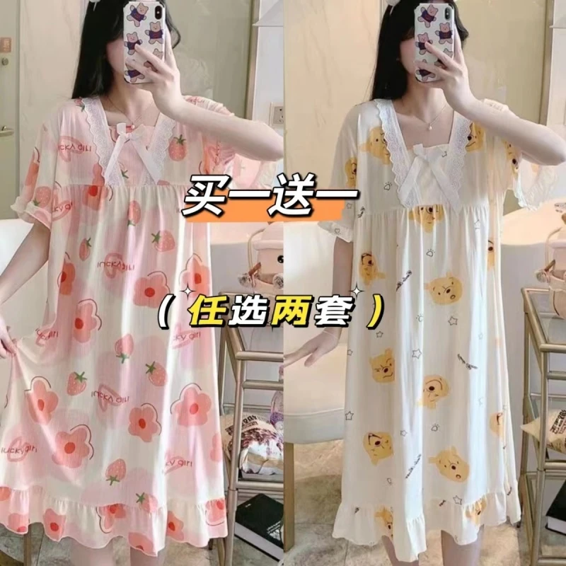 春秋女夏季甜美短袖薄款套头女睡衣卡通公主风宽松长款过膝家居服