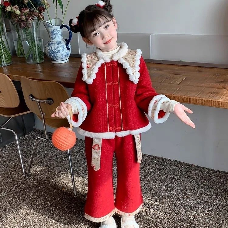 新年爆款童装女童冬季唐装新年套装加绒加厚儿童新款拜年中国宝宝