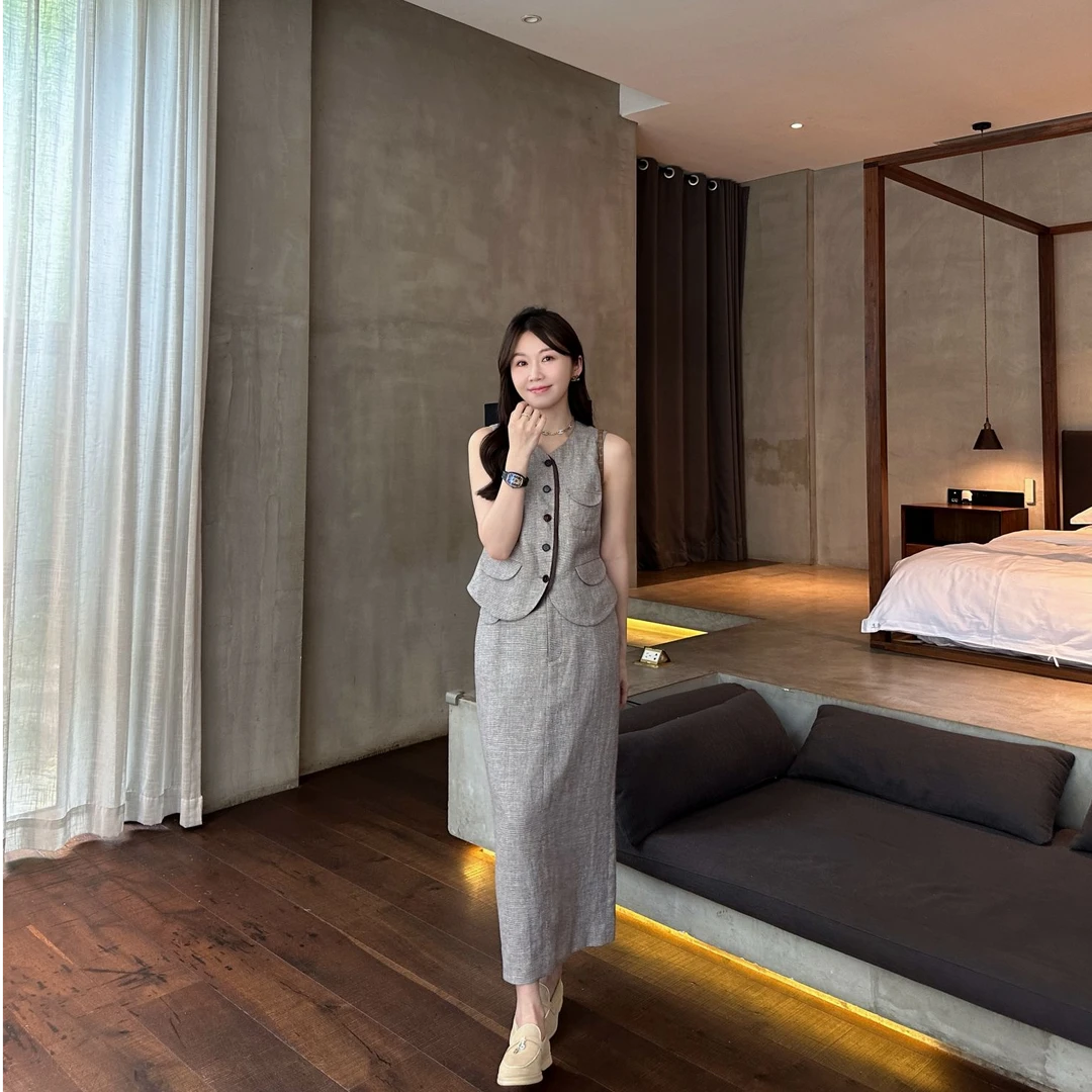 syna 原野焦糖 休闲百搭单排扣无袖马甲套装