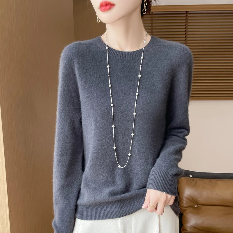 一线成衣纯色毛针织衫秋冬女百搭长袖针织打底衫时尚宽松气质圆领