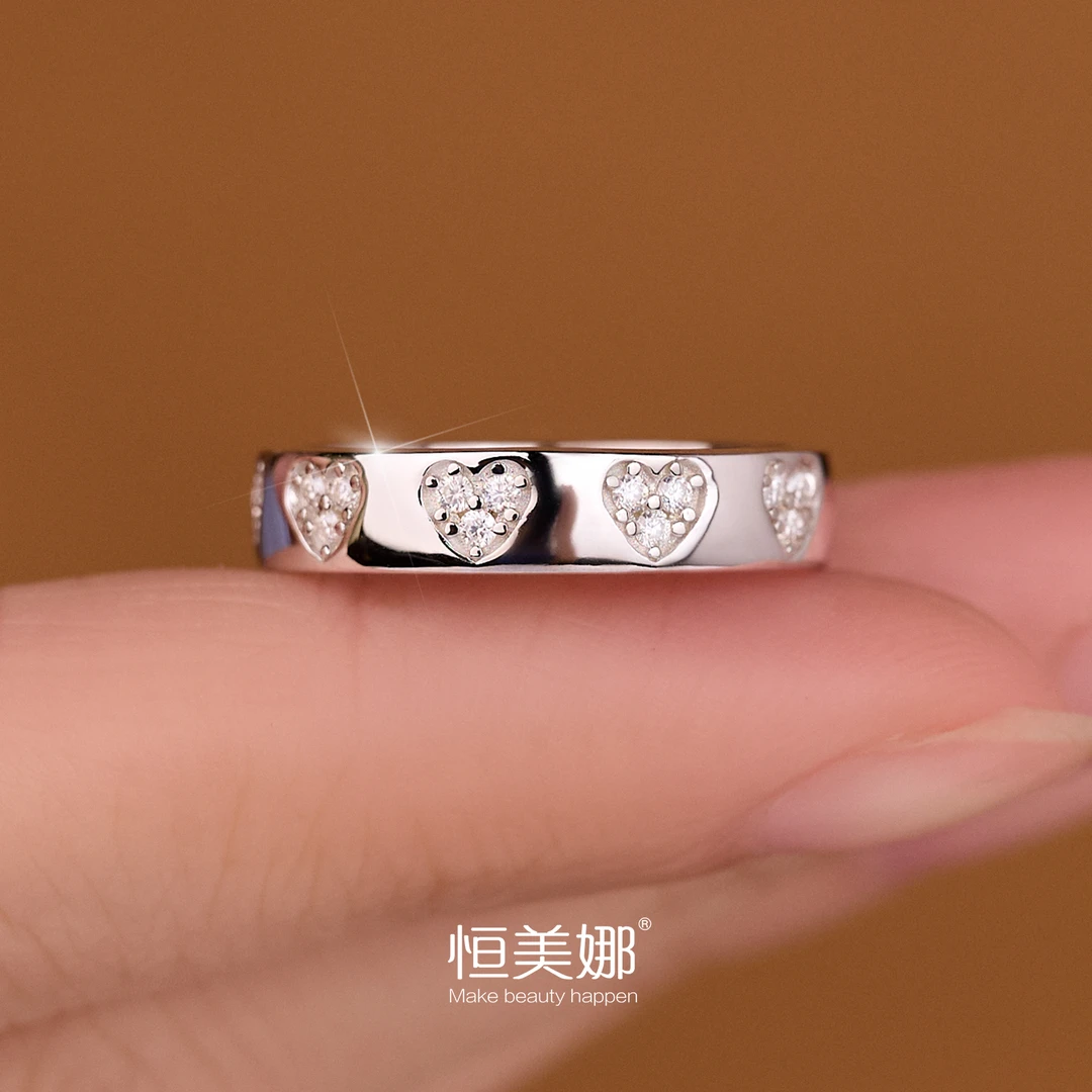 恒美娜 925银莫桑石戒指 满圈爱心银戒简约时尚经典小众厚戒臂女