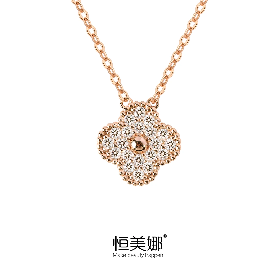 恒美娜 坠链均925银莫桑石 四叶草满镶耳钉项链经典百搭珠宝工艺