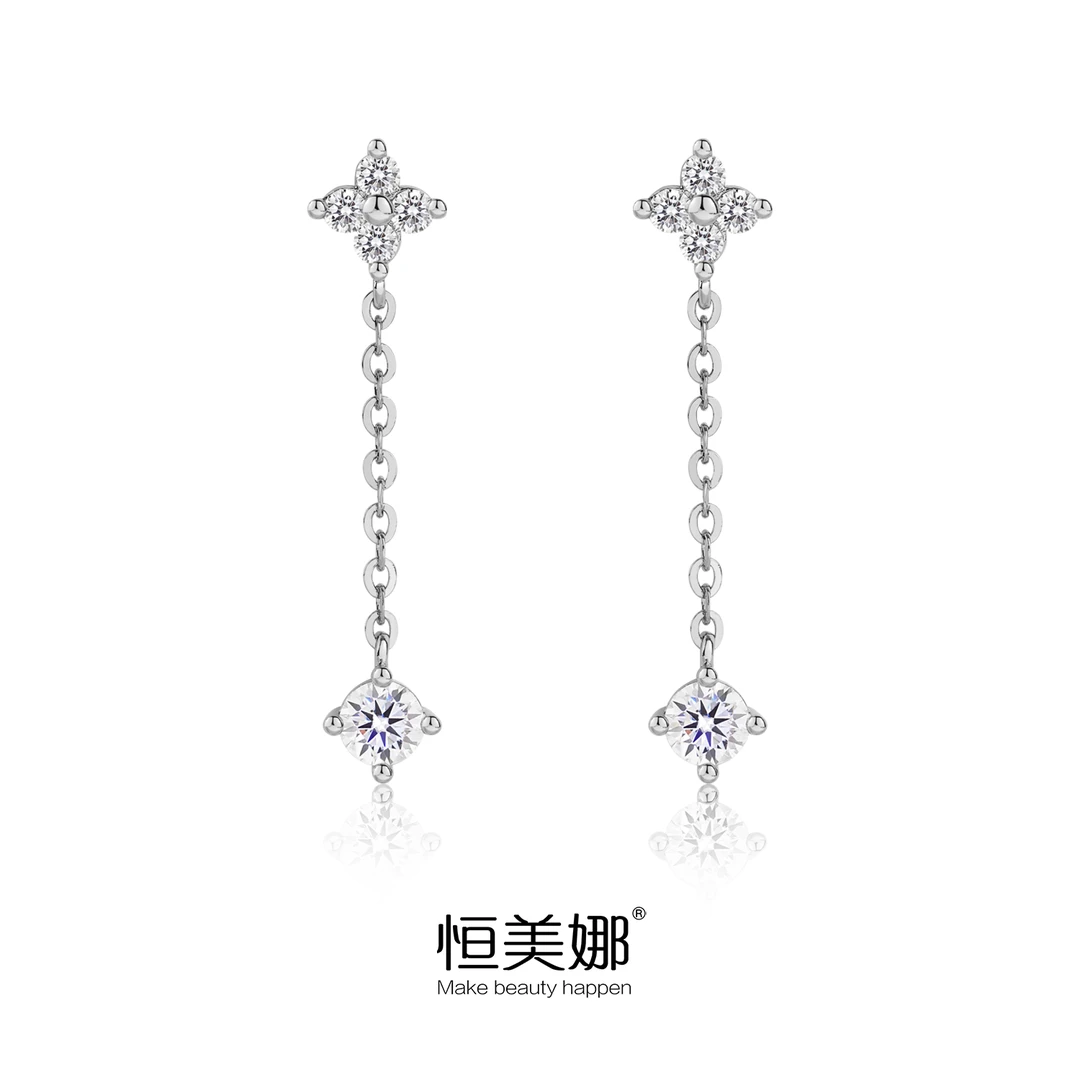 恒美娜 925银莫桑石耳饰 花花链条耳坠耳钉经典气质时尚轻奢少女
