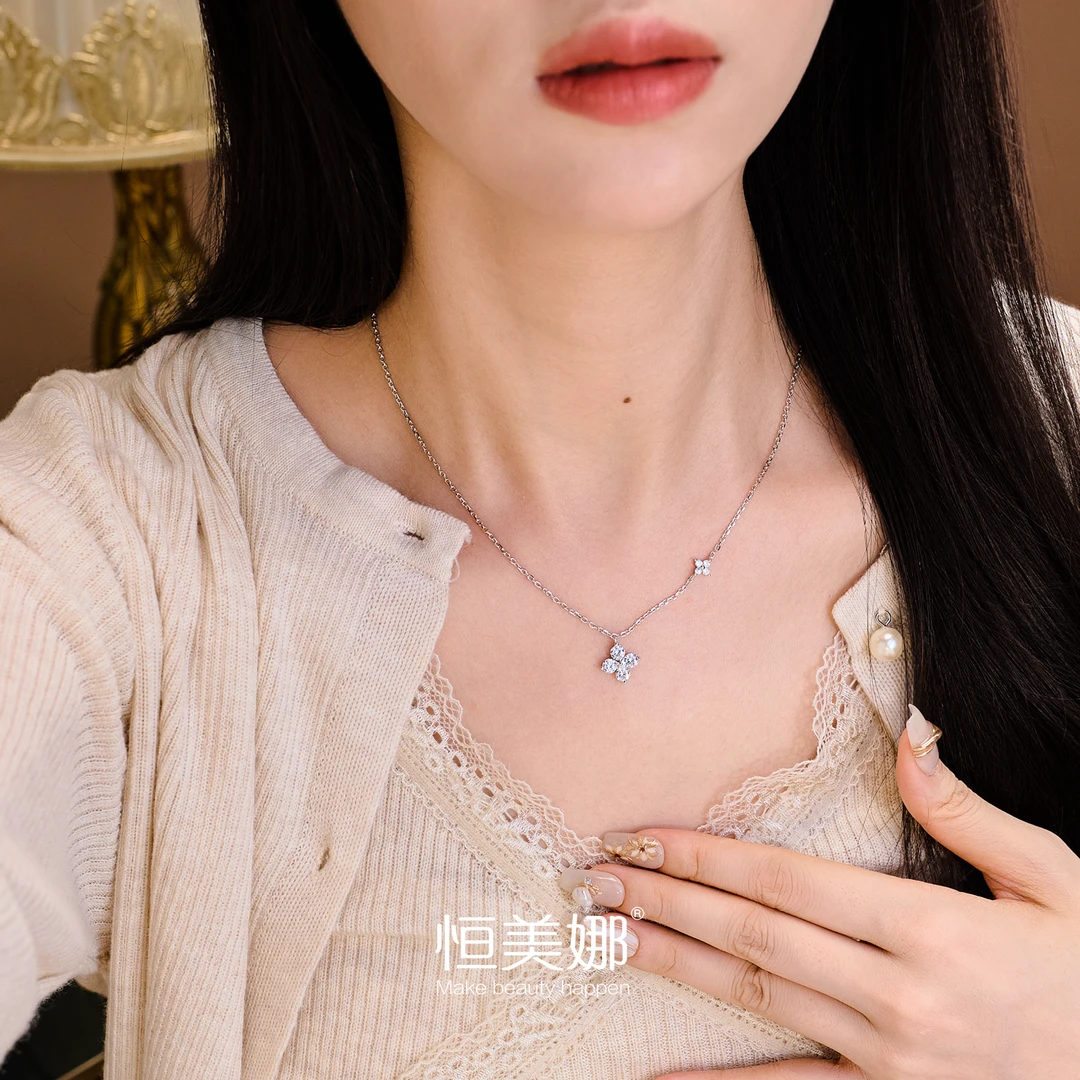 恒美娜 坠链均925银莫桑石 双生四叶花项链气质轻奢时尚百搭小众