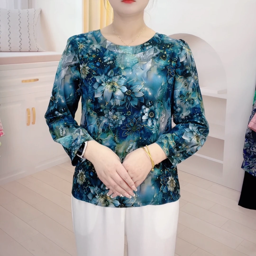 【049蓝莲花】2025年春季新款圆领长袖小衫中老年妈妈装T恤