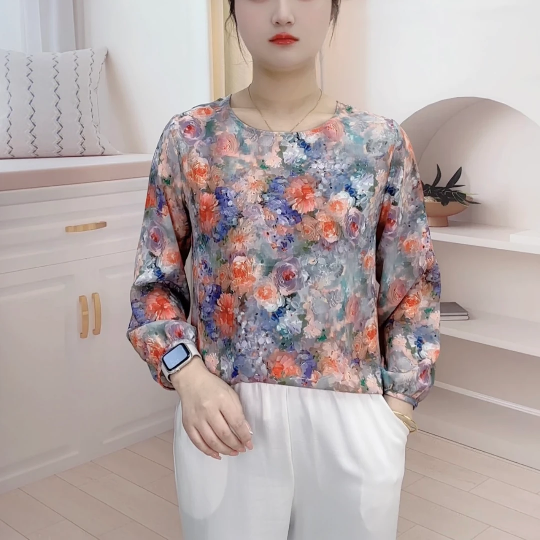 【042花海】2025年春季新款长袖小衫百搭宽松妈妈装上衣体恤
