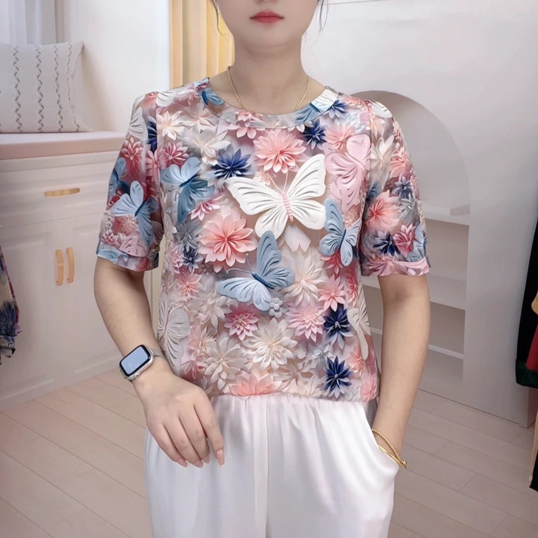 【284】2024年新款圆领小衫百搭宽松短袖妈妈装上衣显瘦