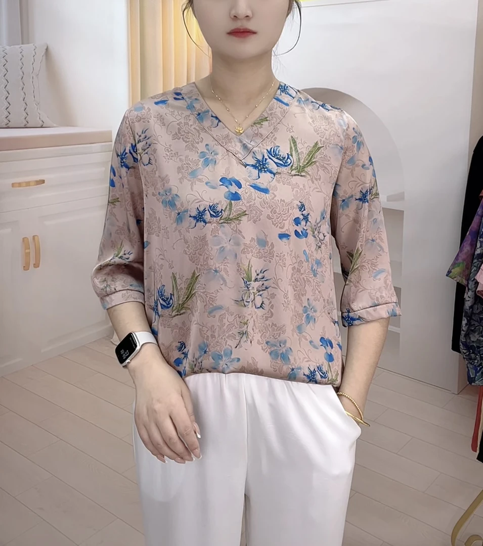 【301桃花粉】2024年夏季新款七分袖小衫粉色V领T恤百搭宽松妈妈装