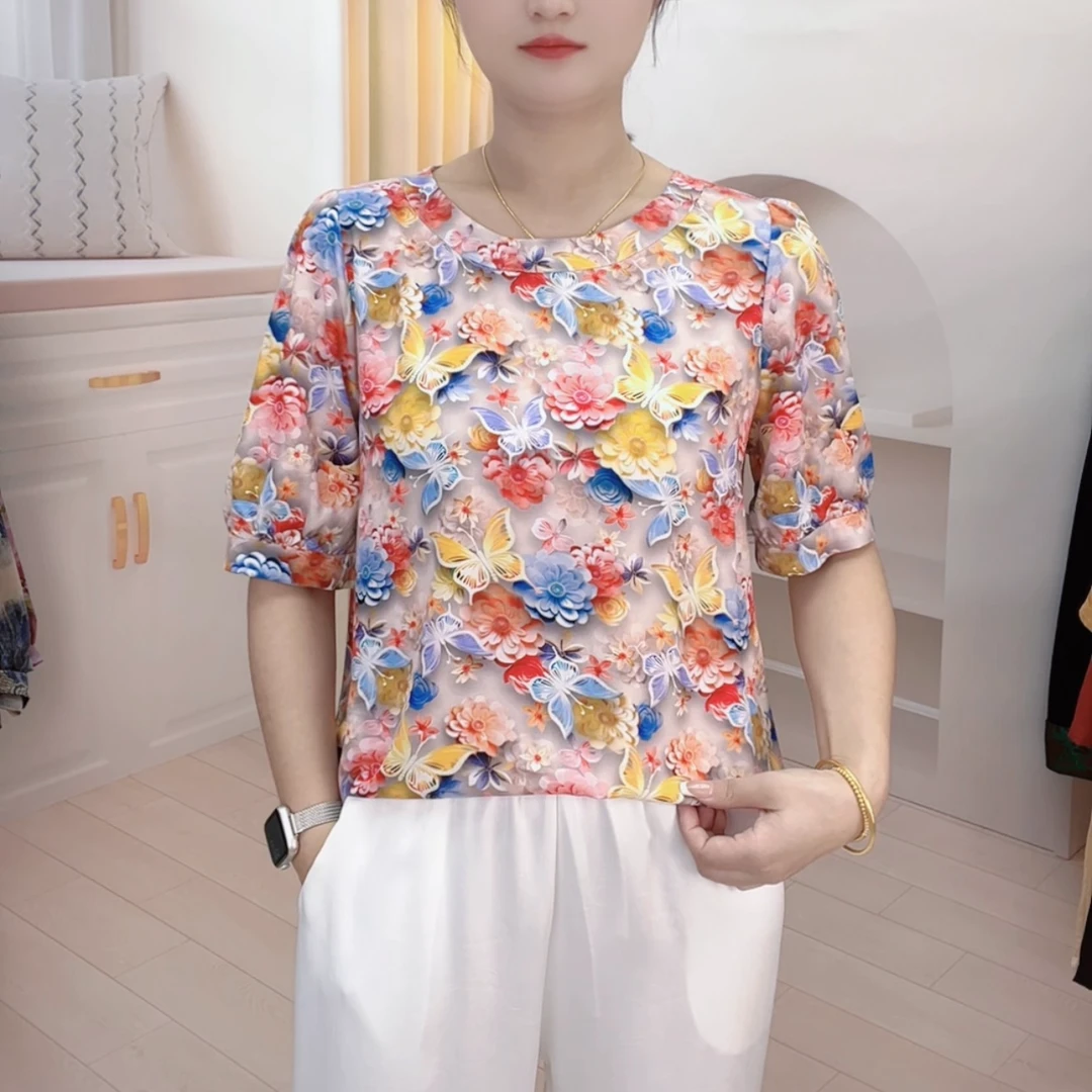【278】2024年新款圆领小衫百搭宽松五分袖妈妈装上衣显瘦