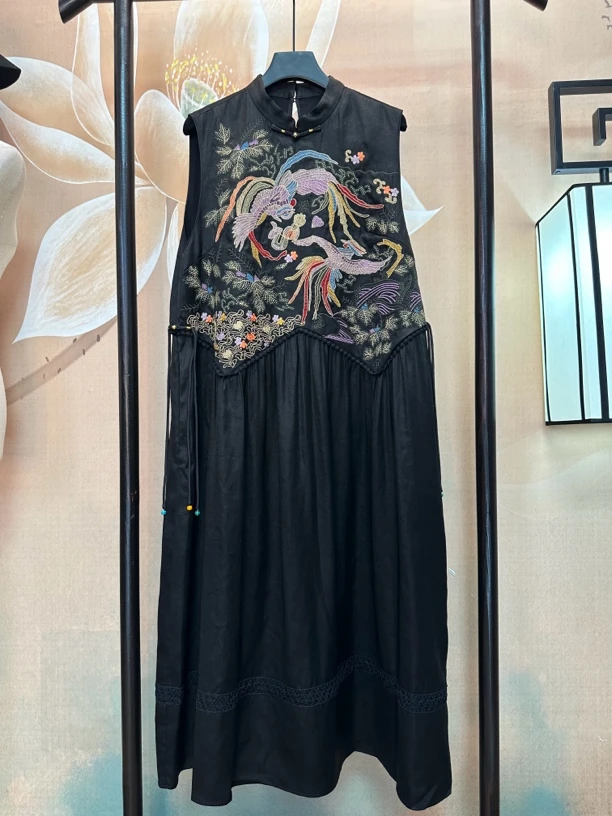 【五彩凤凰】100%桑蚕丝香云纱重工刺绣复古轻奢无袖连衣裙SGC