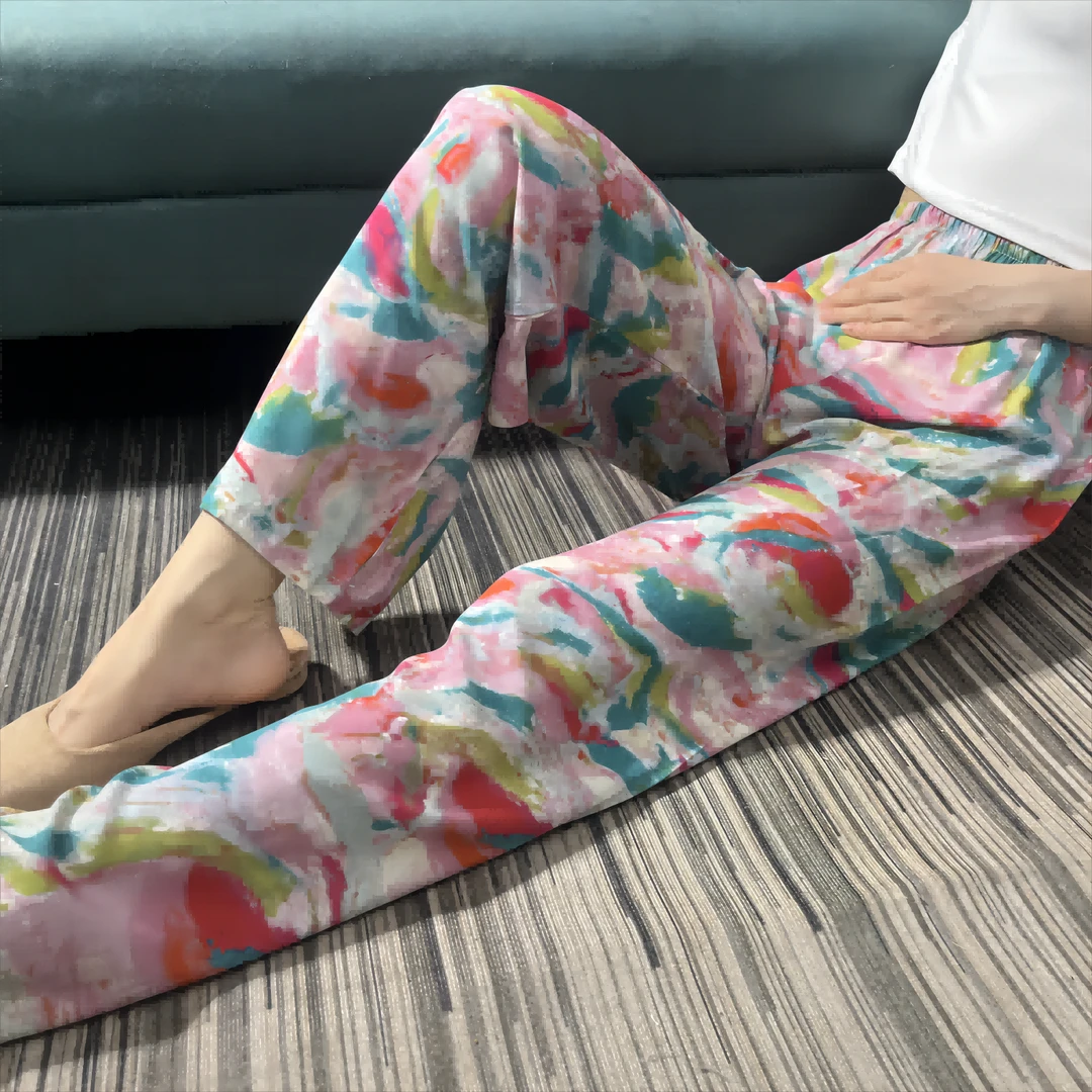 女士绵绸长裤休闲空调裤睡裤外穿沙滩裤居家宽松直筒裤