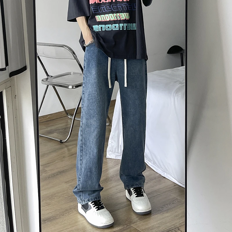 初秋高街美式牛仔裤男修身直筒松紧腰百搭牛仔裤