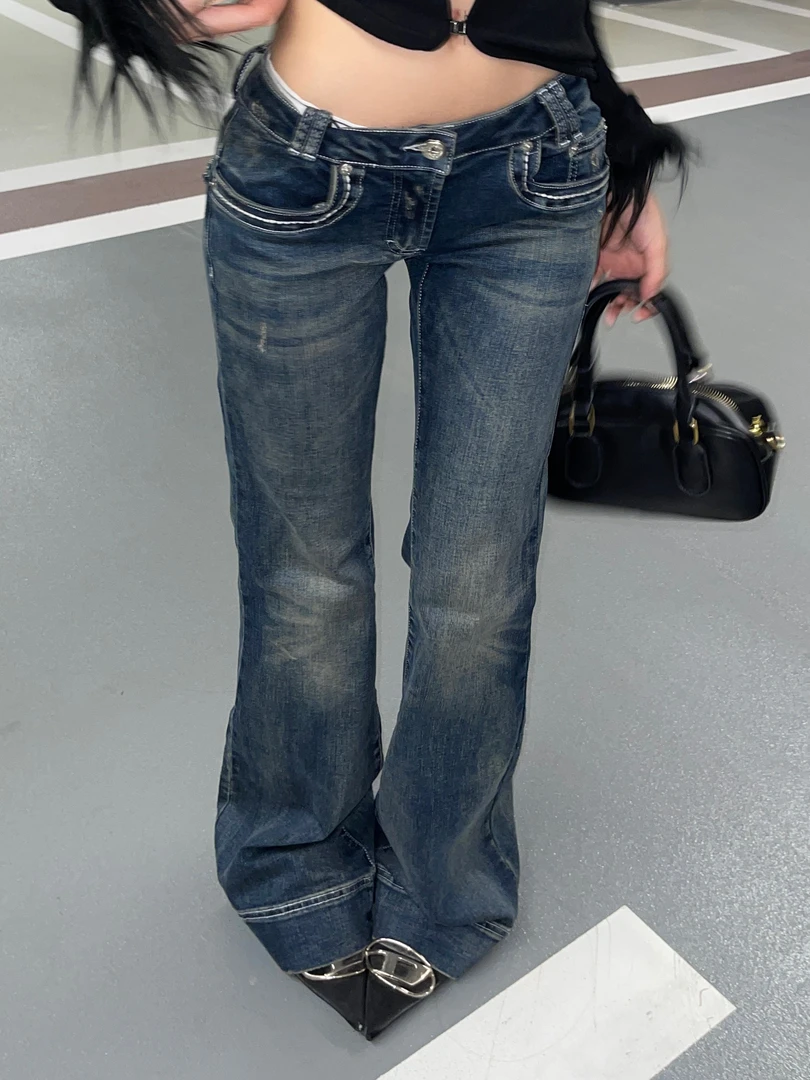 【易梦玲同款】超低腰辣妹显腿长水洗微喇牛仔裤修身显瘦长款裤子