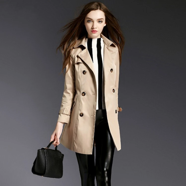 工厂现货批发2022春秋新款休闲时尚百搭双排扣中长款女式风衣