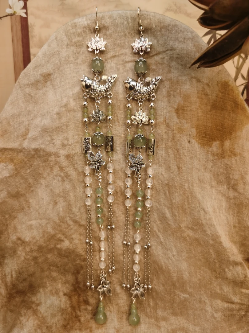 合金琉璃耳饰 【锦鲤戏莲】原创自制手作新中式国风耳饰耳钉