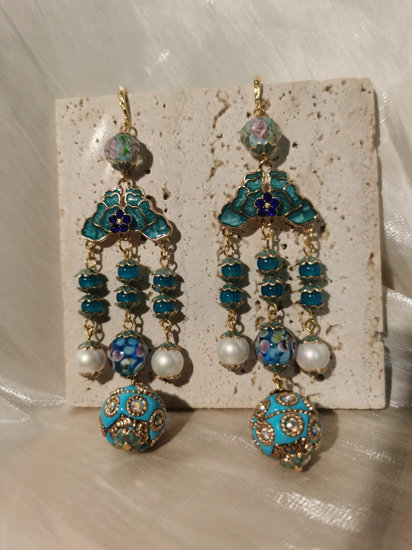 铜合金仿水晶耳饰 【蓝色琉璃】原创自制手作尼泊尔珠耳坠耳环耳饰