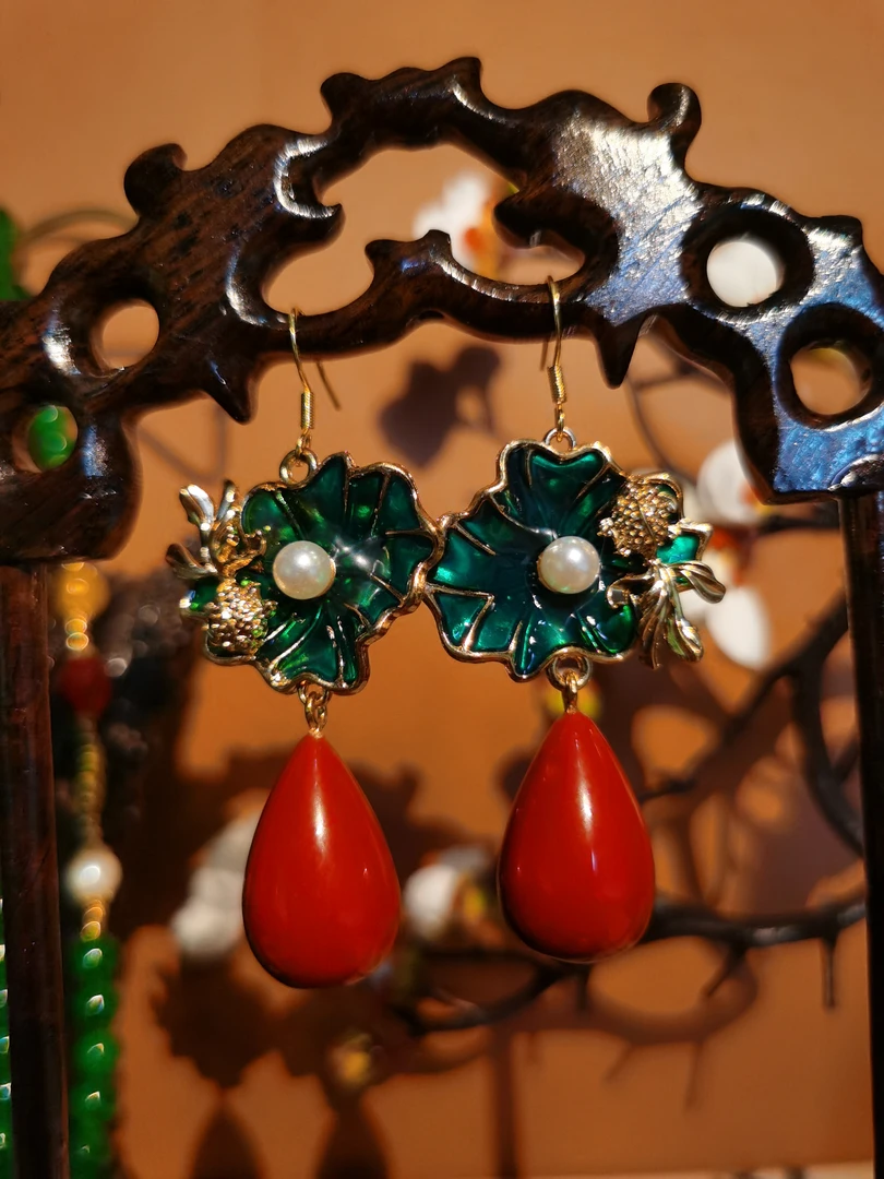 铜合金树脂耳饰 【绿荷】原创自制手作新中式国风耳饰耳钉耳环耳饰