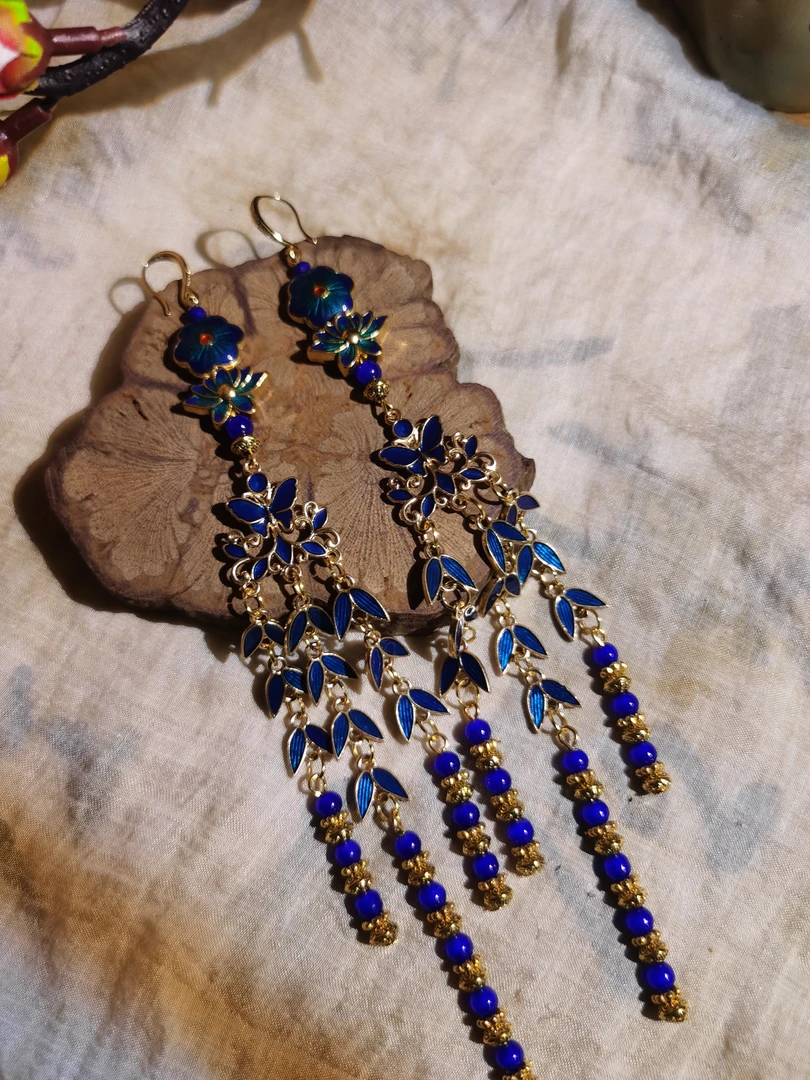 铜合金琉璃耳饰 【蓝叶】原创自制手作新中式国风耳饰耳钉耳环