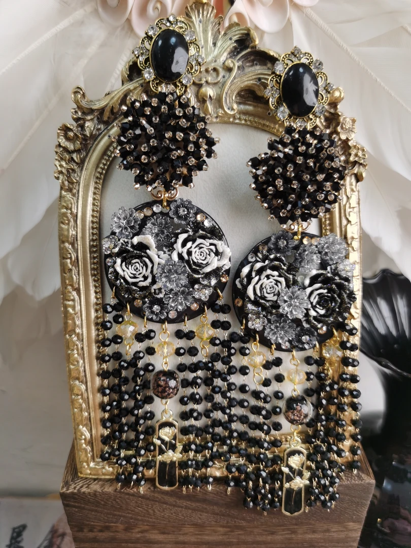 非金属仿水晶耳饰 【黑水晶玫瑰】原创自制手作水晶流苏耳饰