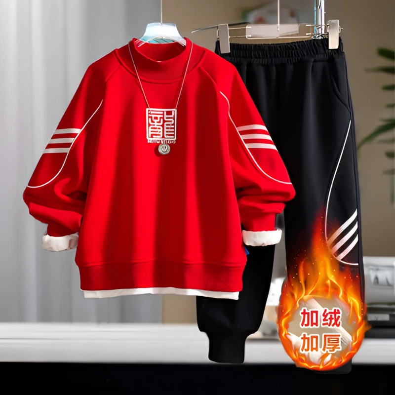 男童新款套装冬款拜年服春节套装新款奥利绒套装红色龙年两件套潮